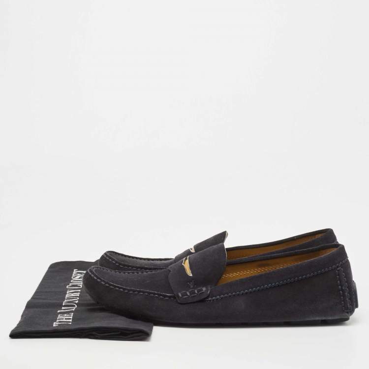 Pre Owned Louis Vuitton Navy Blue Suede Slip On Loafers Size 42.5