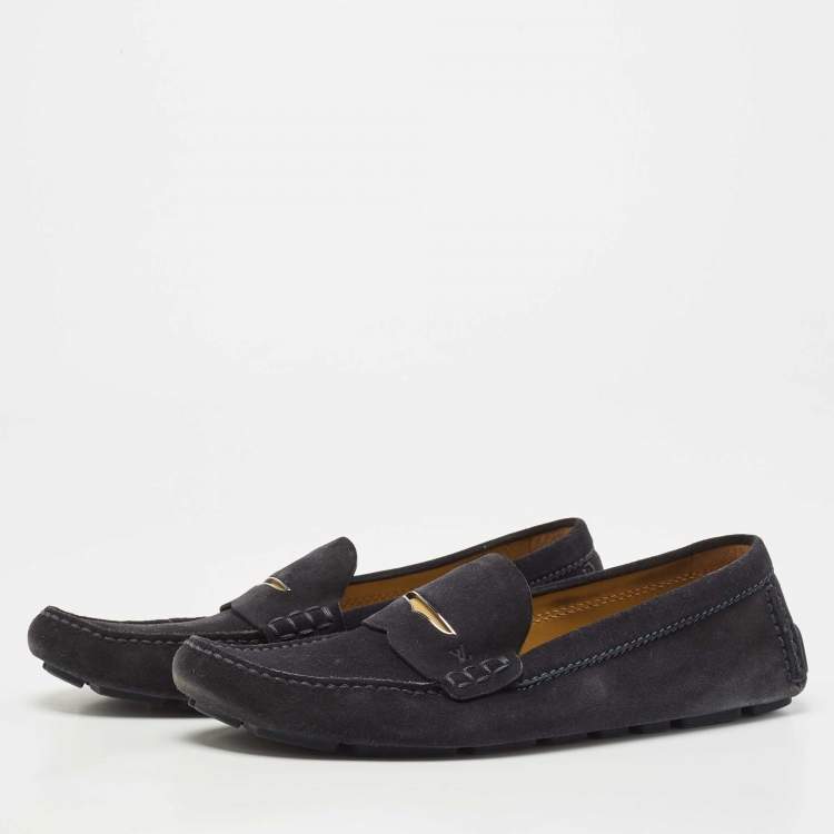Pre Owned Louis Vuitton Navy Blue Suede Slip On Loafers Size 42.5