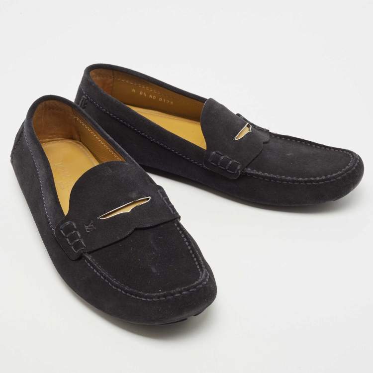 Pre Owned Louis Vuitton Navy Blue Suede Slip On Loafers Size 42.5