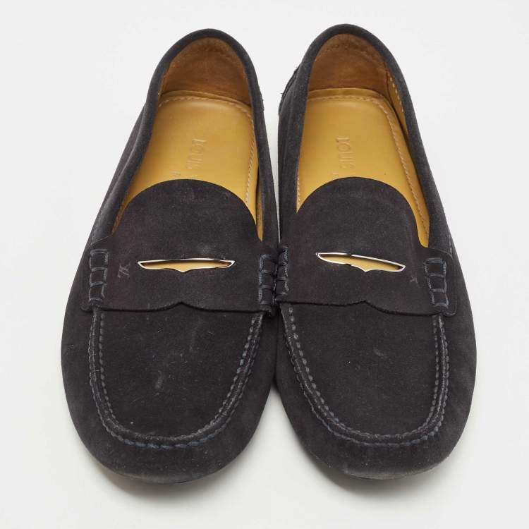 Pre Owned Louis Vuitton Navy Blue Suede Slip On Loafers Size 42.5