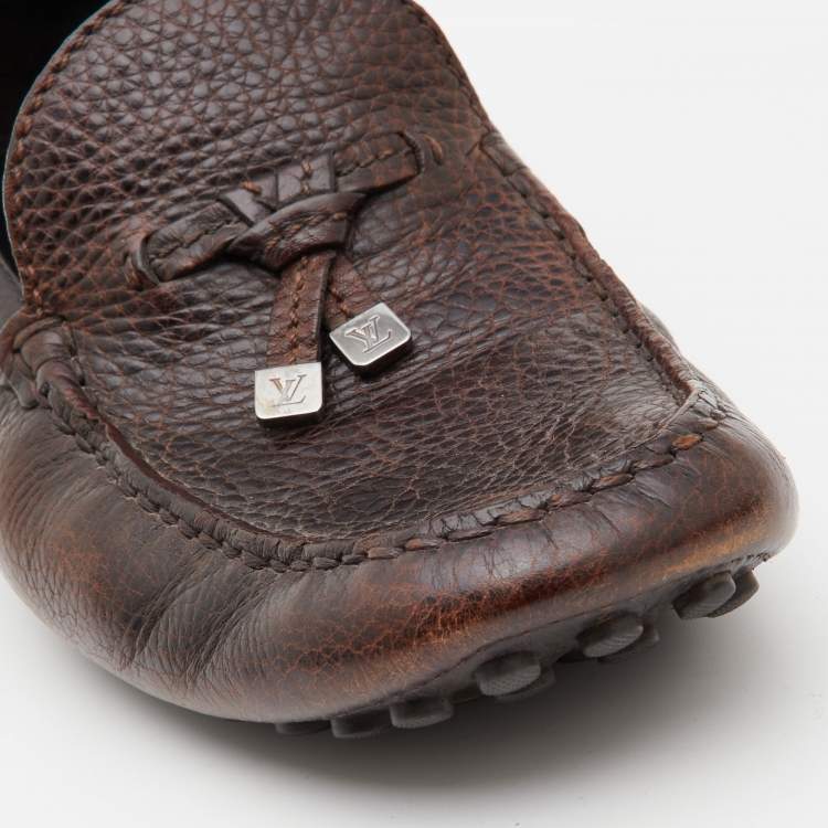Pre Owned Louis Vuitton Brown Leather Logo Bow Slip On Loafers Size 42.5 