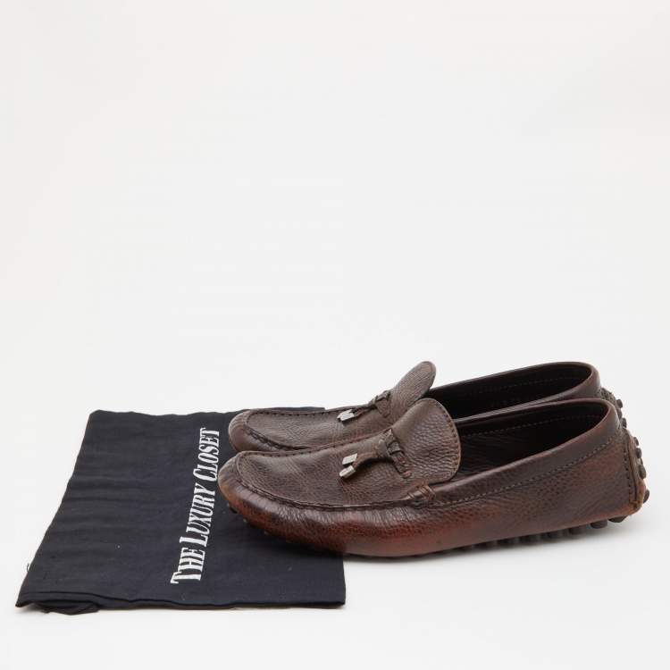Pre Owned Louis Vuitton Brown Leather Logo Bow Slip On Loafers Size 42.5 