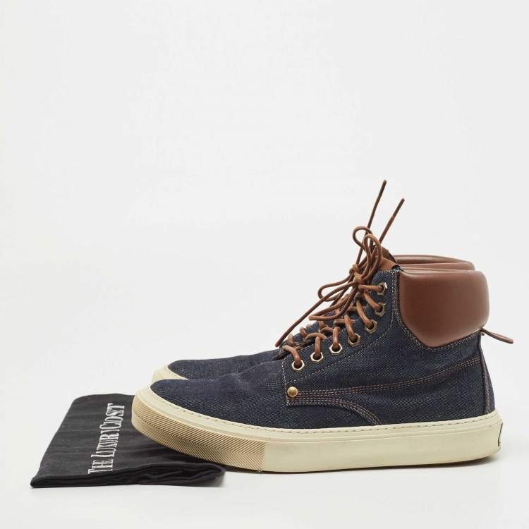 Pre Owned Louis Vuitton Navy Blue/Brown Denim and Leather High Top Sneakers Size 41.5