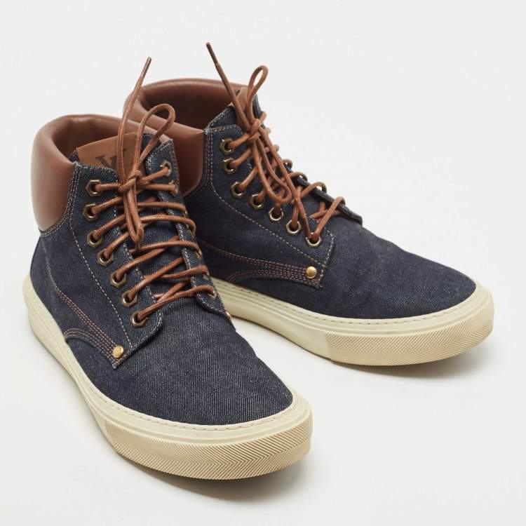 Pre Owned Louis Vuitton Navy Blue/Brown Denim and Leather High Top Sneakers Size 41.5