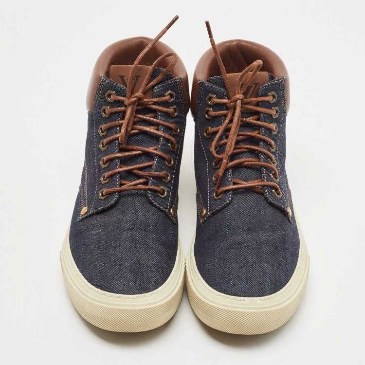 Pre Owned Louis Vuitton Navy Blue/Brown Denim and Leather High Top Sneakers Size 41.5