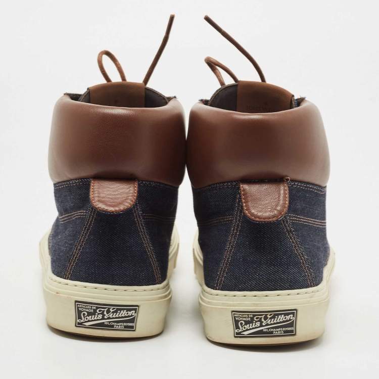 Pre Owned Louis Vuitton Navy Blue/Brown Denim and Leather High Top Sneakers Size 41.5