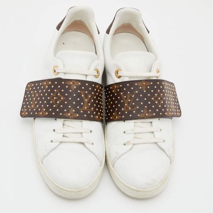 Pre Owned Louis Vuitton White/Brown Monogram Canvas and Leather Studded Frontrow Sneakers Size 38