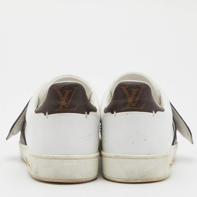 Pre Owned Louis Vuitton White/Brown Monogram Canvas and Leather Studded Frontrow Sneakers Size 38