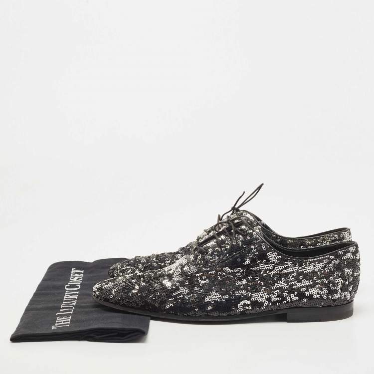 Pre Owned Louis Vuitton Black/Silver Sequins Lace Up Oxfords Size 42