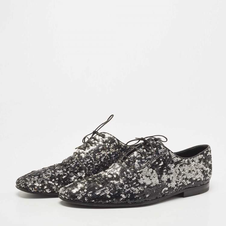 Pre Owned Louis Vuitton Black/Silver Sequins Lace Up Oxfords Size 42