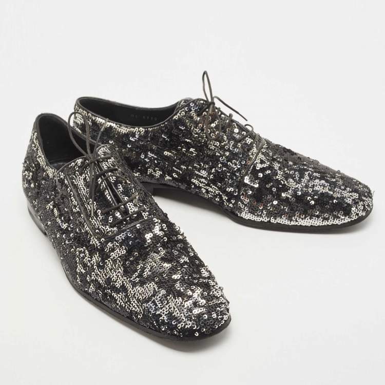 Pre Owned Louis Vuitton Black/Silver Sequins Lace Up Oxfords Size 42