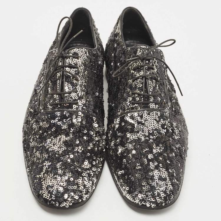 Pre Owned Louis Vuitton Black/Silver Sequins Lace Up Oxfords Size 42