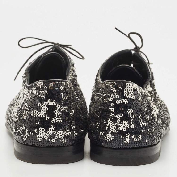 Pre Owned Louis Vuitton Black/Silver Sequins Lace Up Oxfords Size 42
