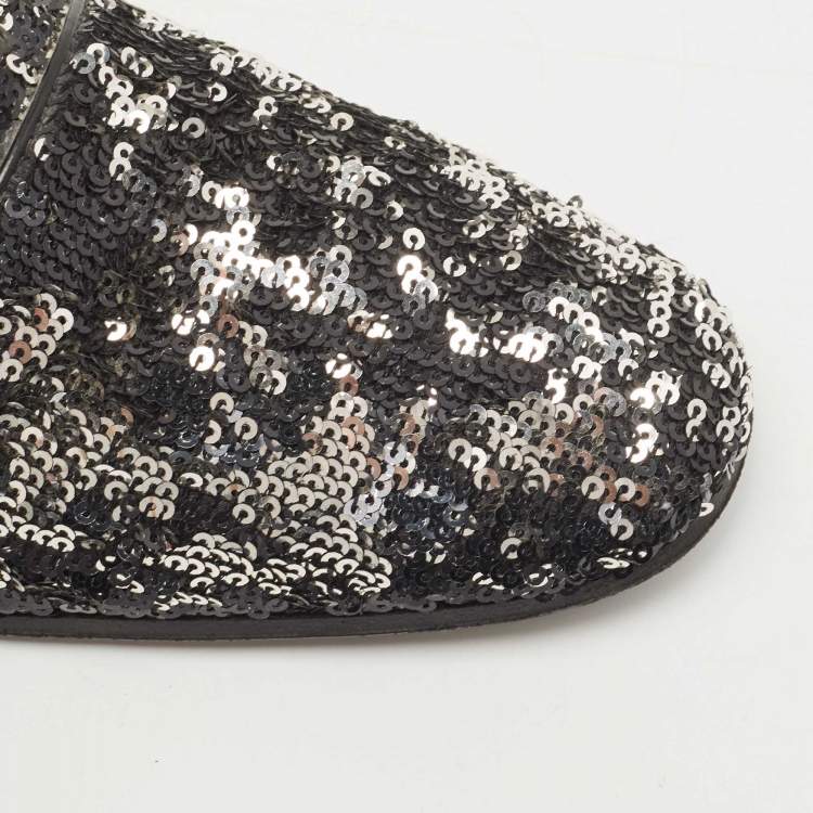 Pre Owned Louis Vuitton Black/Silver Sequins Lace Up Oxfords Size 42