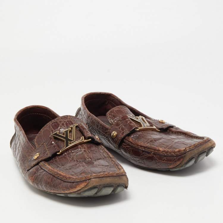 Pre Owned Louis Vuitton Brown Crocodile Leather Monte Carlo Loafers Size 42.5