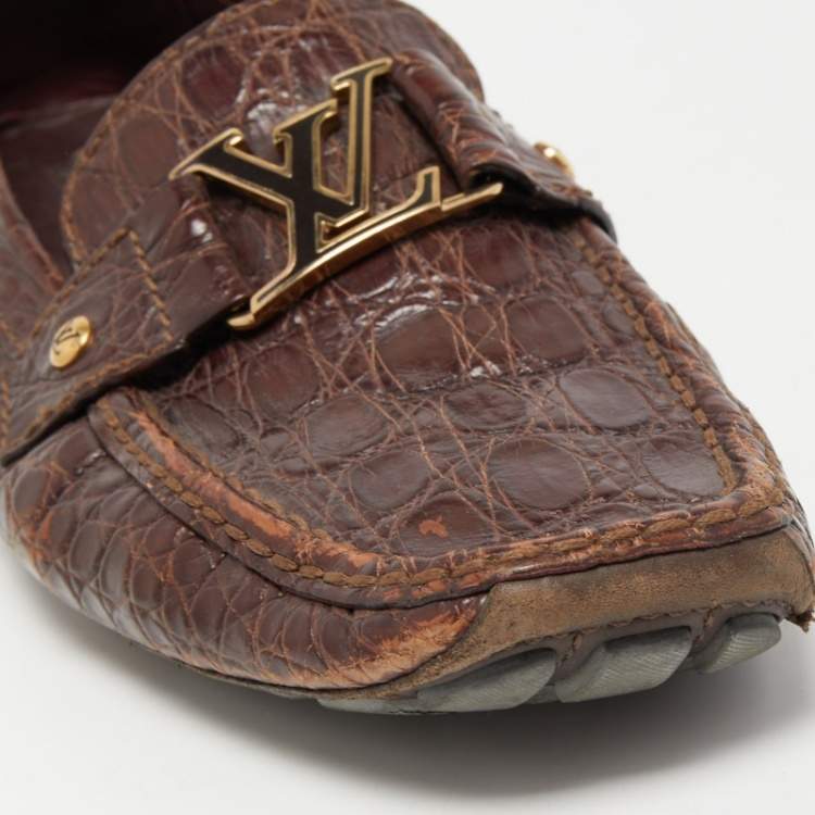 Pre Owned Louis Vuitton Brown Crocodile Leather Monte Carlo Loafers Size 42.5