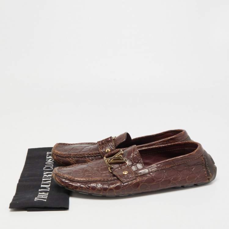 Pre Owned Louis Vuitton Brown Crocodile Leather Monte Carlo Loafers Size 42.5