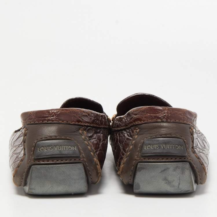 Pre Owned Louis Vuitton Brown Crocodile Leather Monte Carlo Loafers Size 42.5