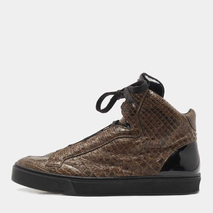 Pre Owned Louis Vuitton Brown/Black Python and Patent Leather High Top Sneakers Size 42.5