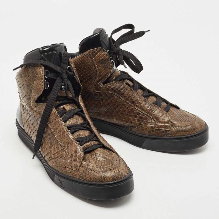 Pre Owned Louis Vuitton Brown/Black Python and Patent Leather High Top Sneakers Size 42.5