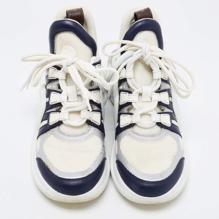 Pre Owned Louis Vuitton Blue/White Leather and Mesh Arclight Low Top Sneakers Size 37