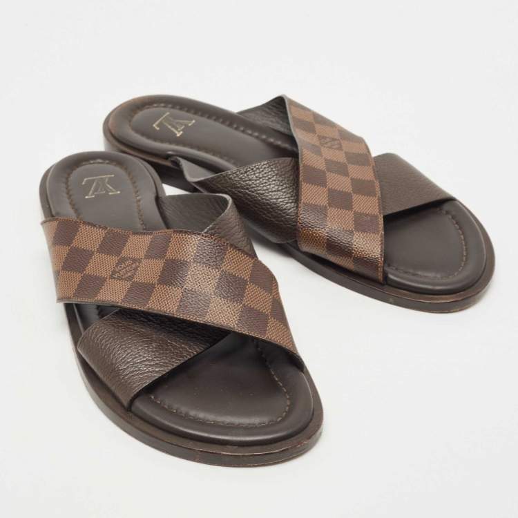 Pre Owned Louis Vuitton Damier Ebene Canvas Criss-Cross Flat Slides Size 43.5