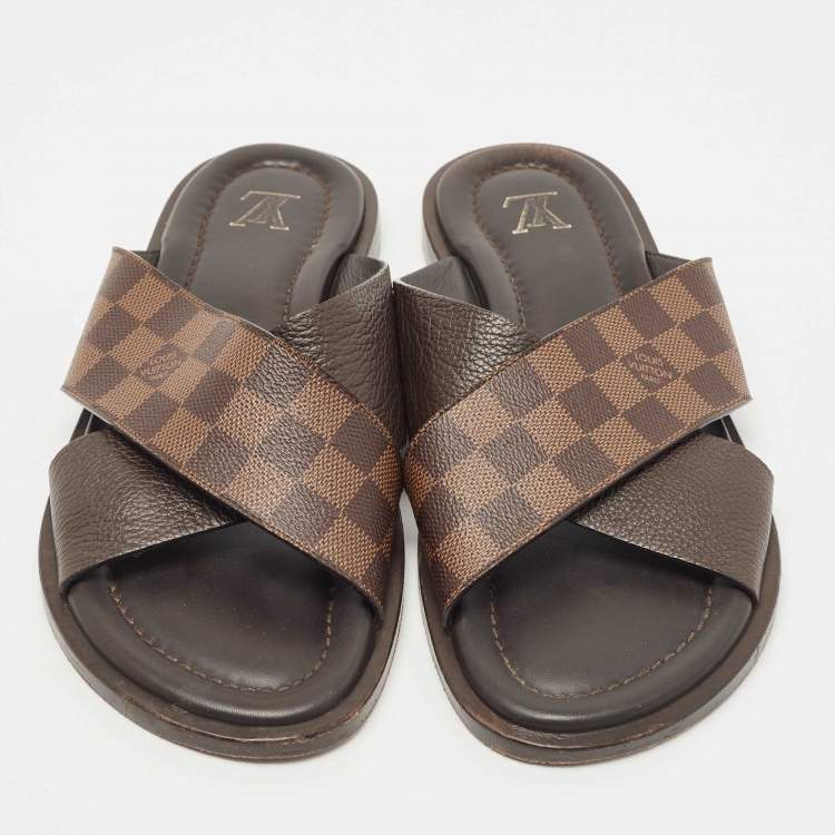 Pre Owned Louis Vuitton Damier Ebene Canvas Criss-Cross Flat Slides Size 43.5