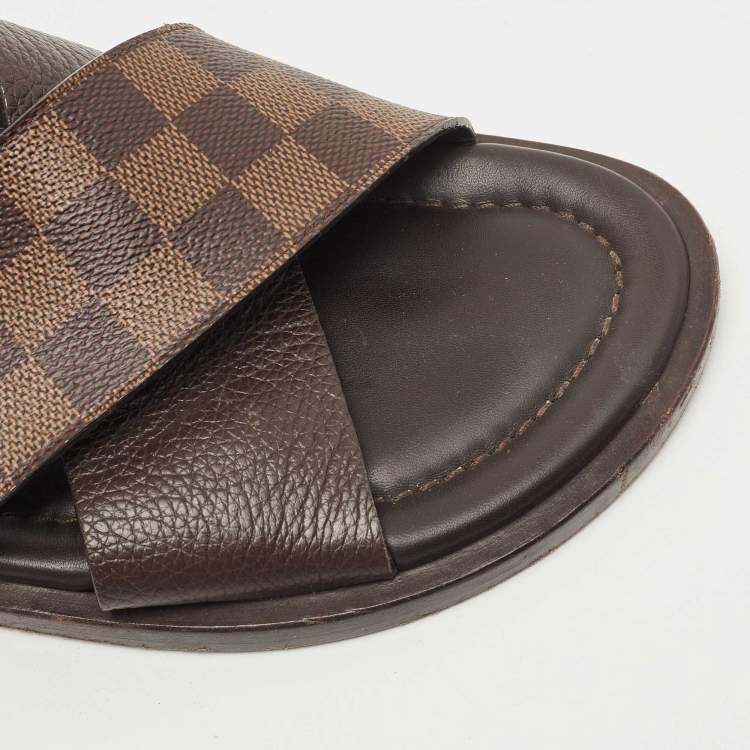 Pre Owned Louis Vuitton Damier Ebene Canvas Criss-Cross Flat Slides Size 43.5