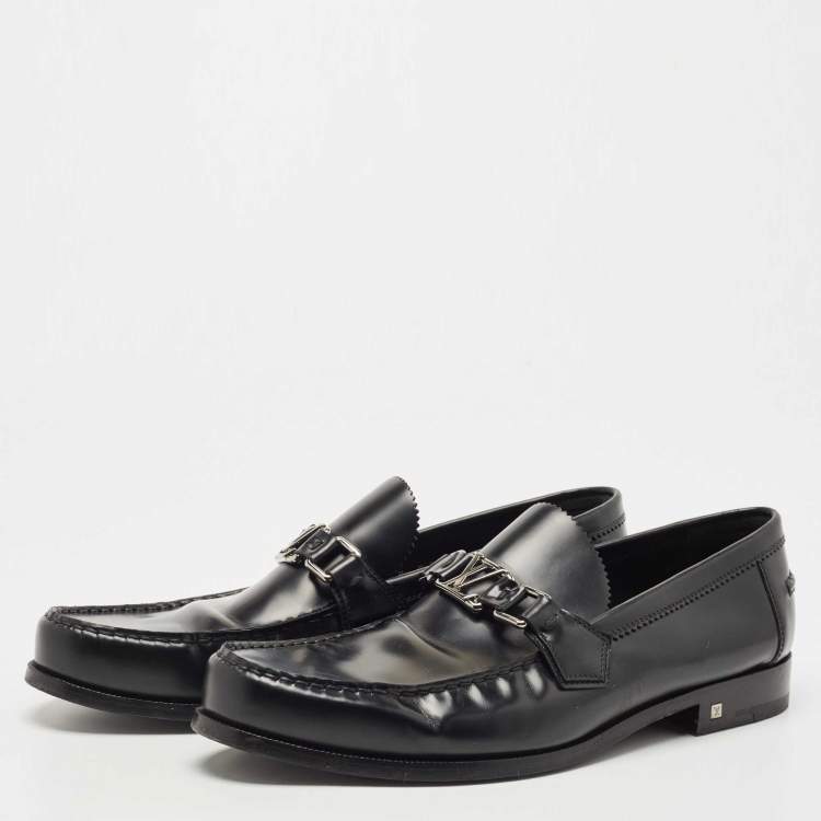 Pre Owned Louis Vuitton Black Leather Major Logo Slip On Loafers Size 43