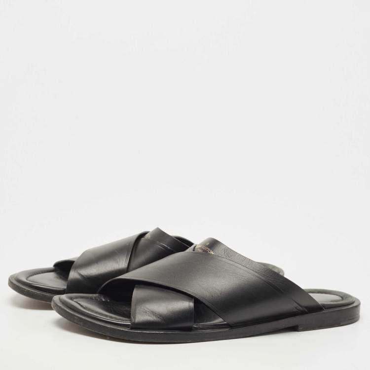 Pre Owned Louis Vuitton Black Leather Foch Cross Strap Flat Slides Size 43