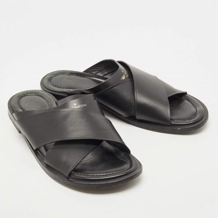 Pre Owned Louis Vuitton Black Leather Foch Cross Strap Flat Slides Size 43
