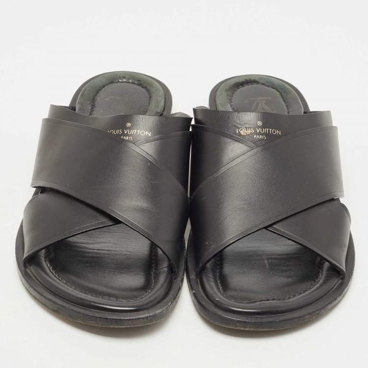 Pre Owned Louis Vuitton Black Leather Foch Cross Strap Flat Slides Size 43