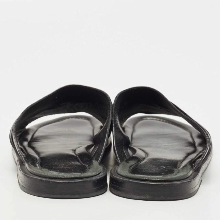 Pre Owned Louis Vuitton Black Leather Foch Cross Strap Flat Slides Size 43