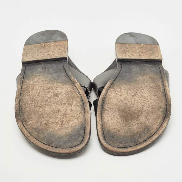 Pre Owned Louis Vuitton Black Leather Foch Cross Strap Flat Slides Size 43