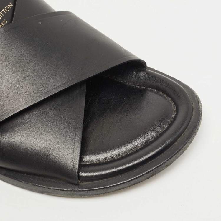 Pre Owned Louis Vuitton Black Leather Foch Cross Strap Flat Slides Size 43