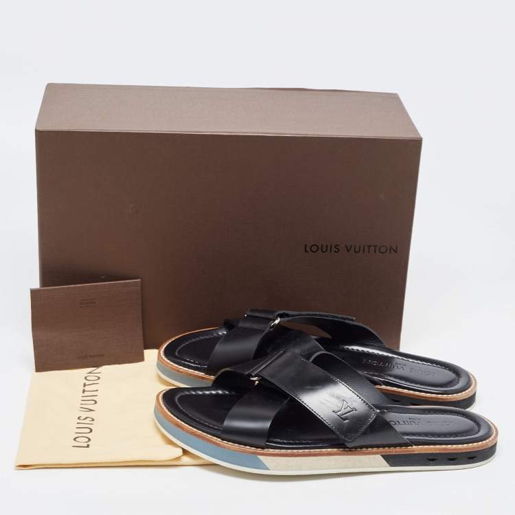 Pre Owned Louis Vuitton Black Leather Cross Strap Sandals Size 43