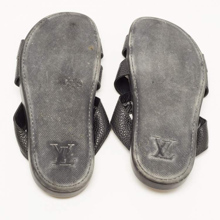 Pre Owned Louis Vuitton Black Leather Crisscross Strap Flat Slides Size 43