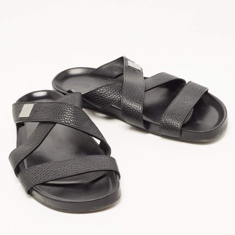 Pre Owned Louis Vuitton Black Leather Crisscross Strap Flat Slides Size 43