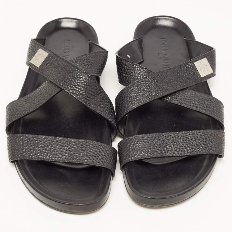 Pre Owned Louis Vuitton Black Leather Crisscross Strap Flat Slides Size 43