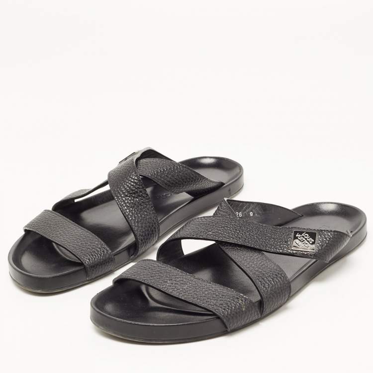 Louis Vuitton LV Logo Slides Black Leather Flat Sandals Shoes US 9