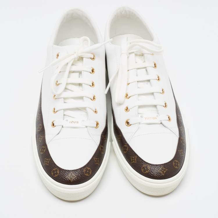 Pre Owned Louis Vuitton White/Brown Monogram Canvas And Leather Lace Up Sneakers Size 41