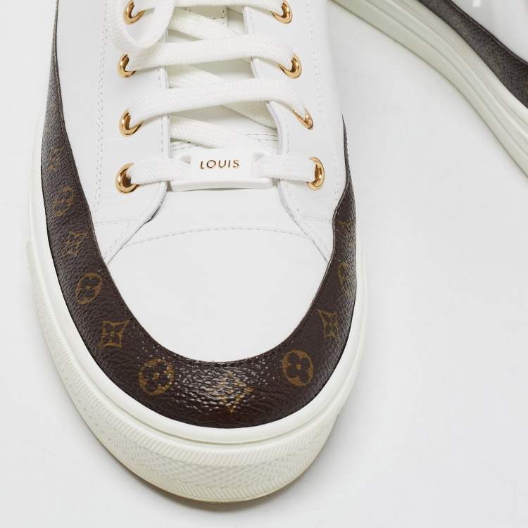 Pre Owned Louis Vuitton White/Brown Monogram Canvas And Leather Lace Up Sneakers Size 41