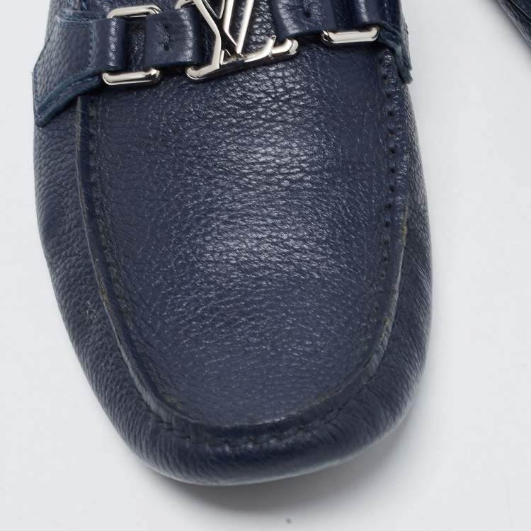 Pre Owned Louis Vuitton Navy Blue Leather Hockenheim Loafers Size 44