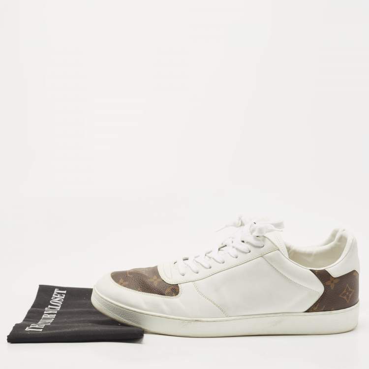 Pre Owned Louis Vuitton White/Brown Leather and Monogram Canvas Rivoli Sneakers Size 45