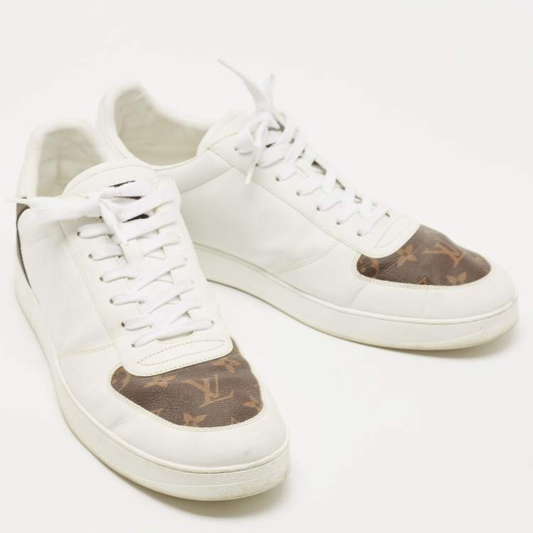 Pre Owned Louis Vuitton White/Brown Leather and Monogram Canvas Rivoli Sneakers Size 45