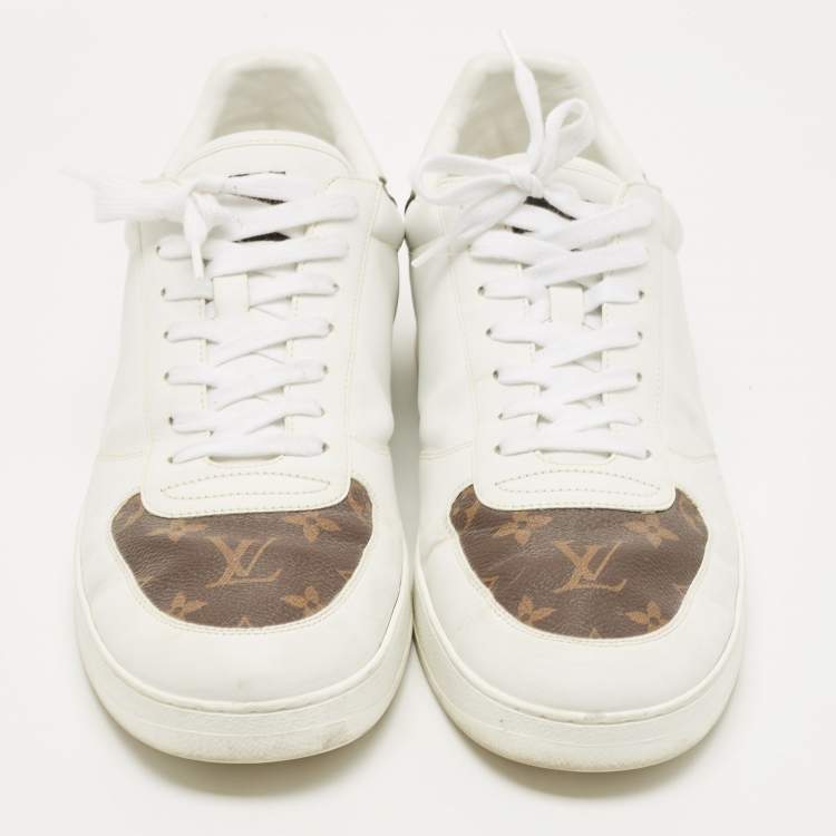 Pre Owned Louis Vuitton White/Brown Leather and Monogram Canvas Rivoli Sneakers Size 45