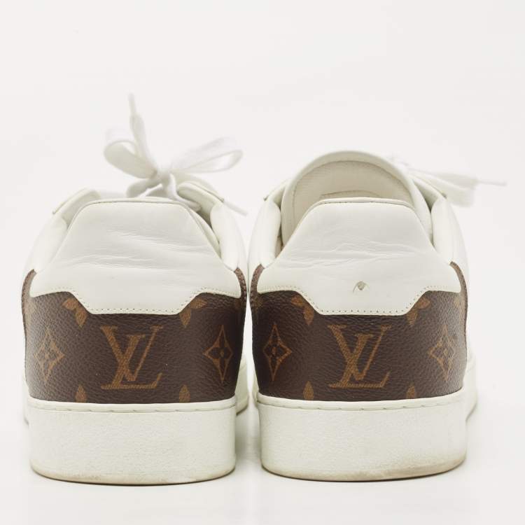 Pre Owned Louis Vuitton White/Brown Leather and Monogram Canvas Rivoli Sneakers Size 45
