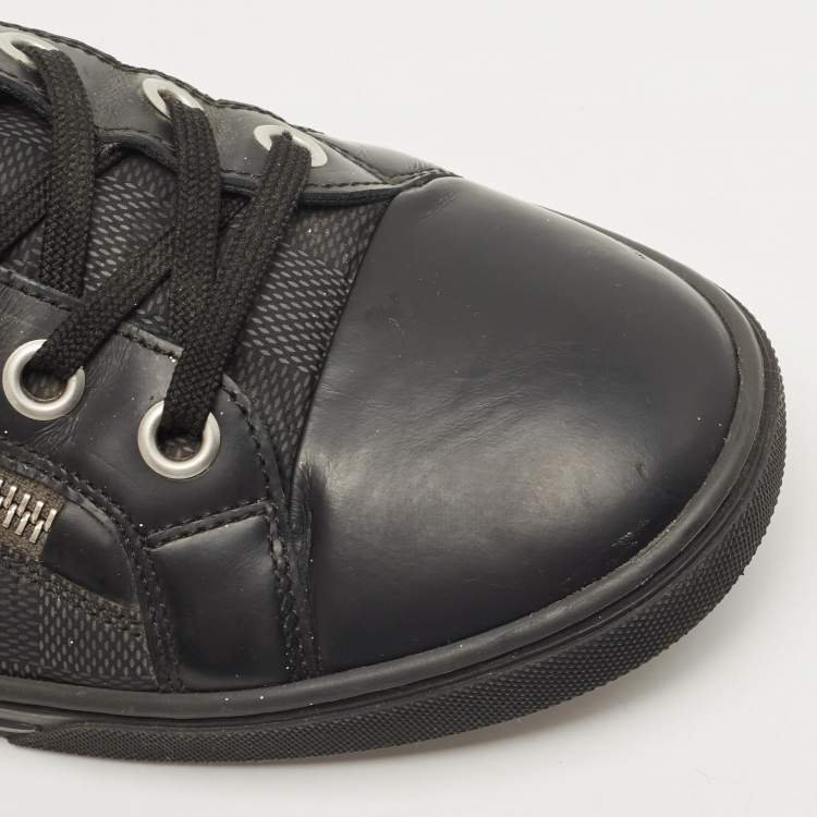 Pre Owned Louis Vuitton Black Leather and Damier Ebene Canvas Low Top Sneakers Size 42.5