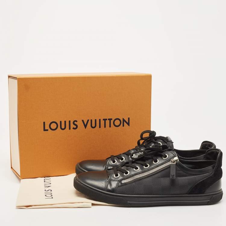 Pre Owned Louis Vuitton Black Leather and Damier Ebene Canvas Low Top Sneakers Size 42.5