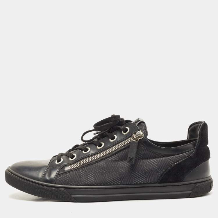 Louis Vuitton Black Leather and Damier Ebene Canvas Low Top Sneakers Size  42.5 For Sale at 1stDibs